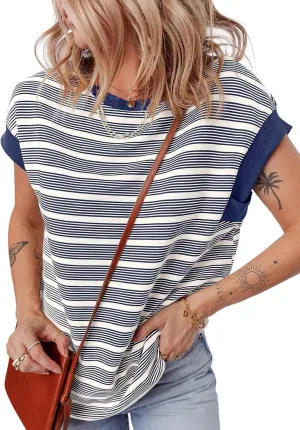 EVALESS Womens Short Sleeve Tops Casual Crewneck Oversized T Shirts Summer Trendy Striped Knit Tee Blouses