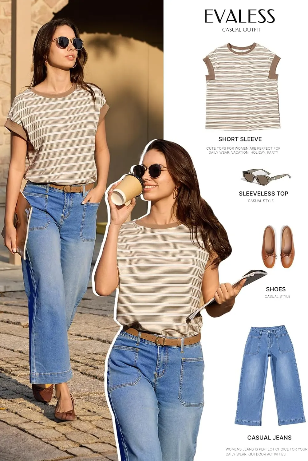 EVALESS Womens Short Sleeve Tops Casual Crewneck Oversized T Shirts Summer Trendy Striped Knit Tee Blouses