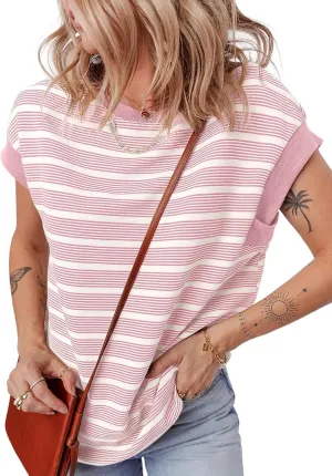 EVALESS Womens Short Sleeve Tops Casual Crewneck Oversized T Shirts Summer Trendy Striped Knit Tee Blouses