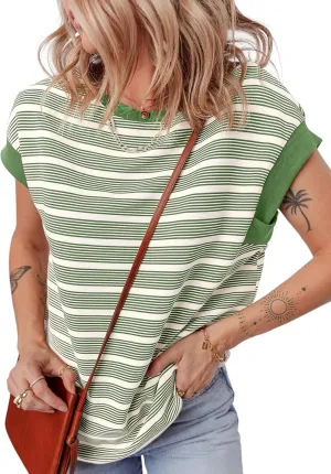 EVALESS Womens Short Sleeve Tops Casual Crewneck Oversized T Shirts Summer Trendy Striped Knit Tee Blouses