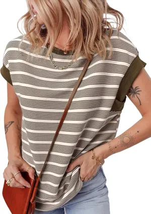 EVALESS Womens Short Sleeve Tops Casual Crewneck Oversized T Shirts Summer Trendy Striped Knit Tee Blouses