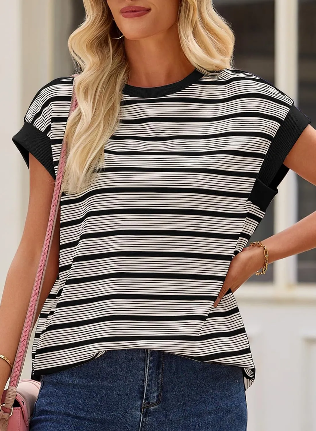 EVALESS Womens Short Sleeve Tops Casual Crewneck Oversized T Shirts Summer Trendy Striped Knit Tee Blouses