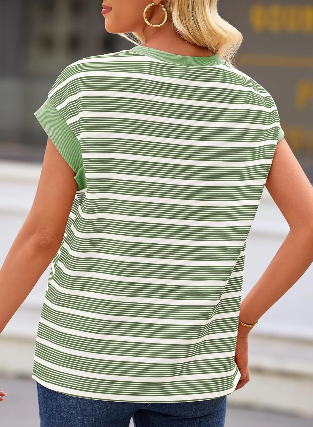 EVALESS Womens Short Sleeve Tops Casual Crewneck Oversized T Shirts Summer Trendy Striped Knit Tee Blouses