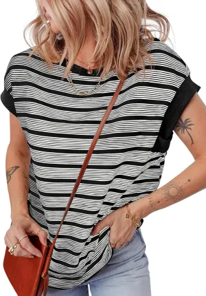 EVALESS Womens Short Sleeve Tops Casual Crewneck Oversized T Shirts Summer Trendy Striped Knit Tee Blouses