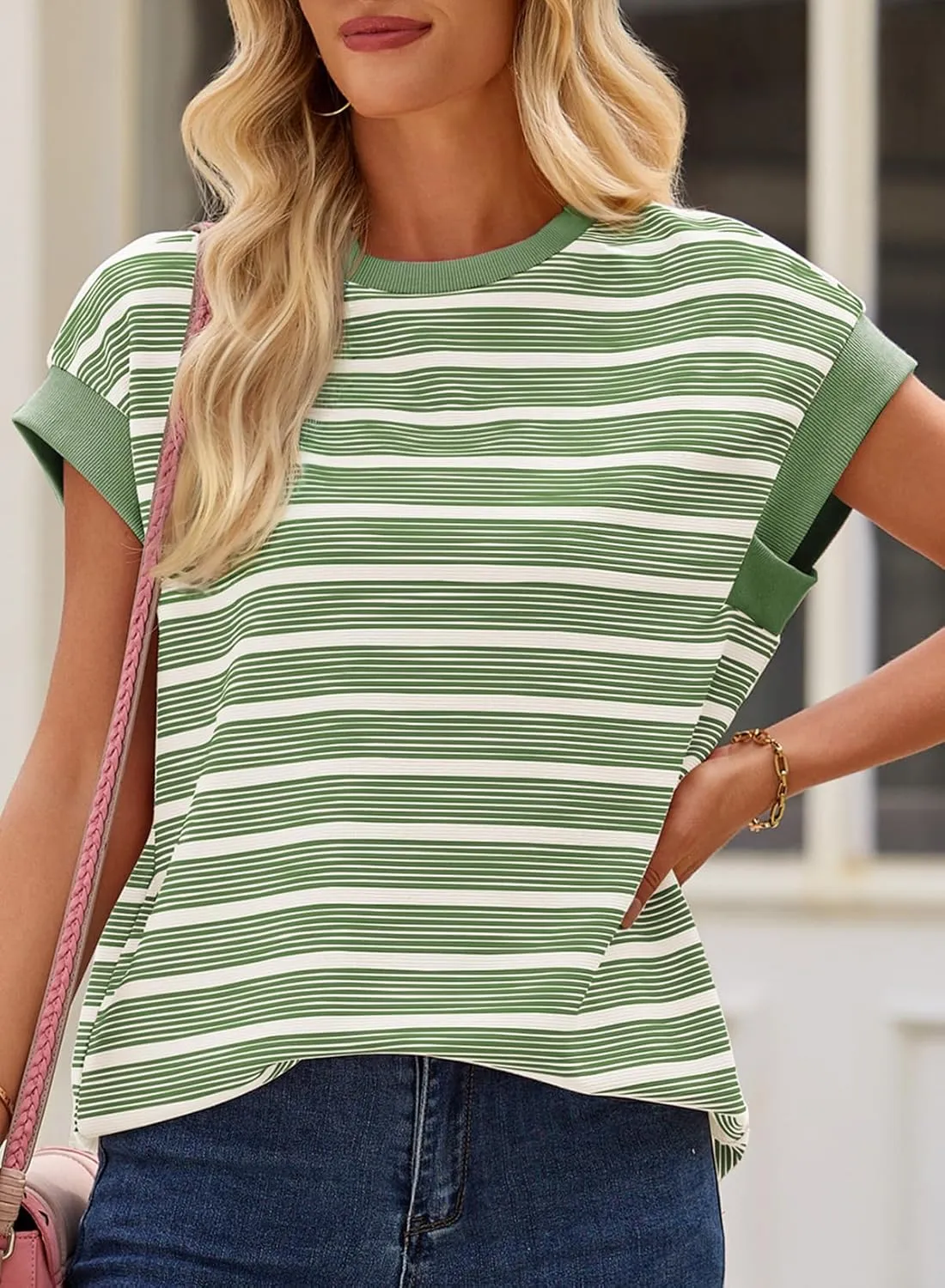 EVALESS Womens Short Sleeve Tops Casual Crewneck Oversized T Shirts Summer Trendy Striped Knit Tee Blouses