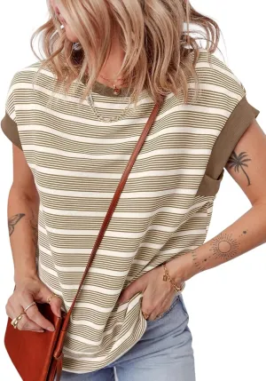EVALESS Womens Short Sleeve Tops Casual Crewneck Oversized T Shirts Summer Trendy Striped Knit Tee Blouses