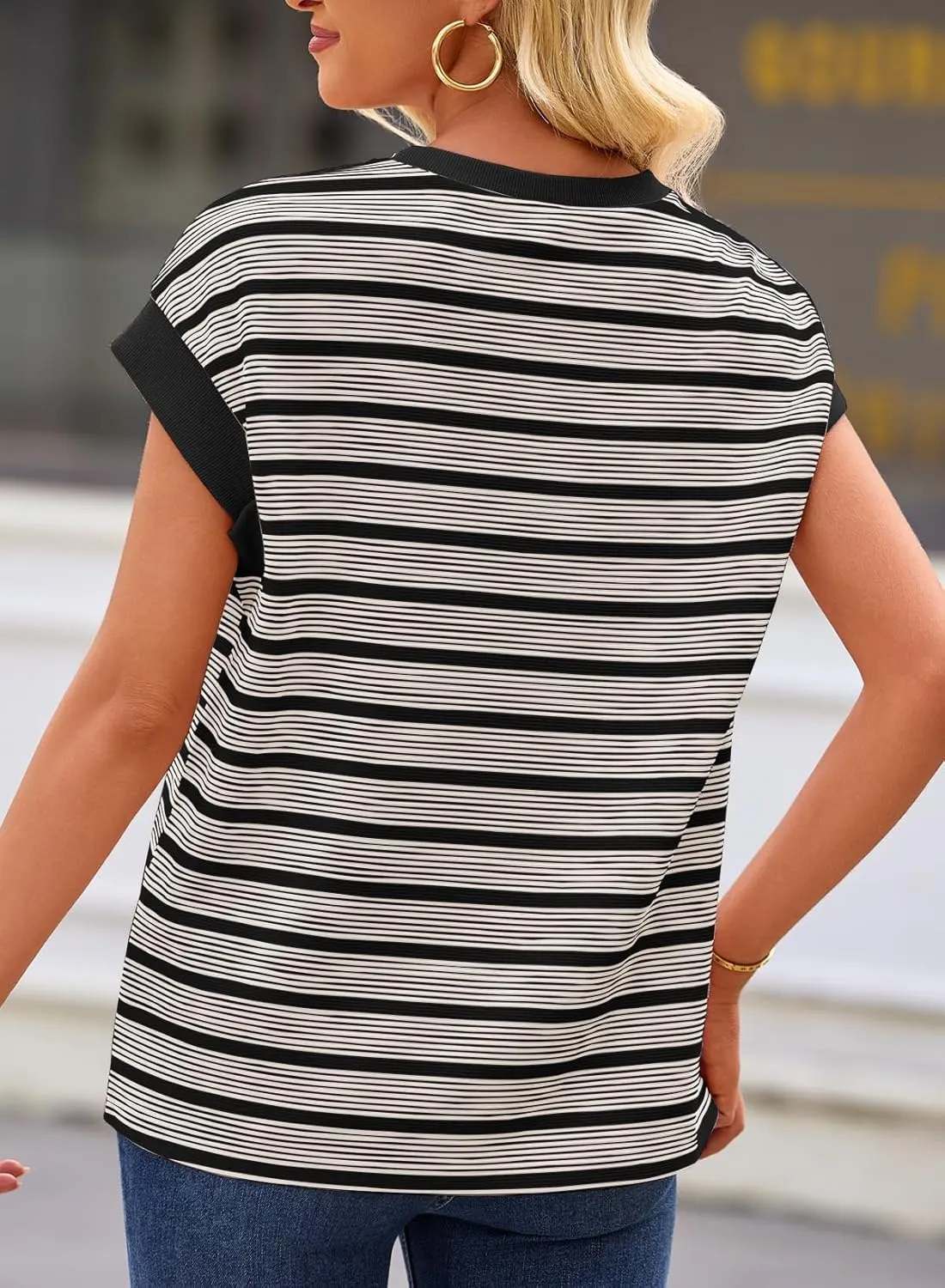EVALESS Womens Short Sleeve Tops Casual Crewneck Oversized T Shirts Summer Trendy Striped Knit Tee Blouses