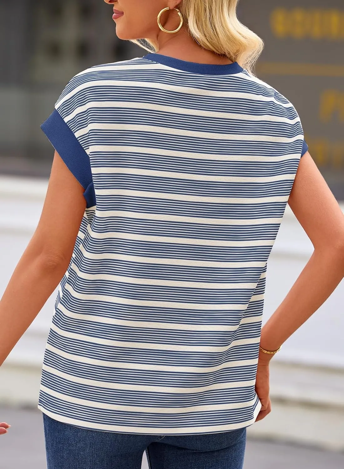 EVALESS Womens Short Sleeve Tops Casual Crewneck Oversized T Shirts Summer Trendy Striped Knit Tee Blouses