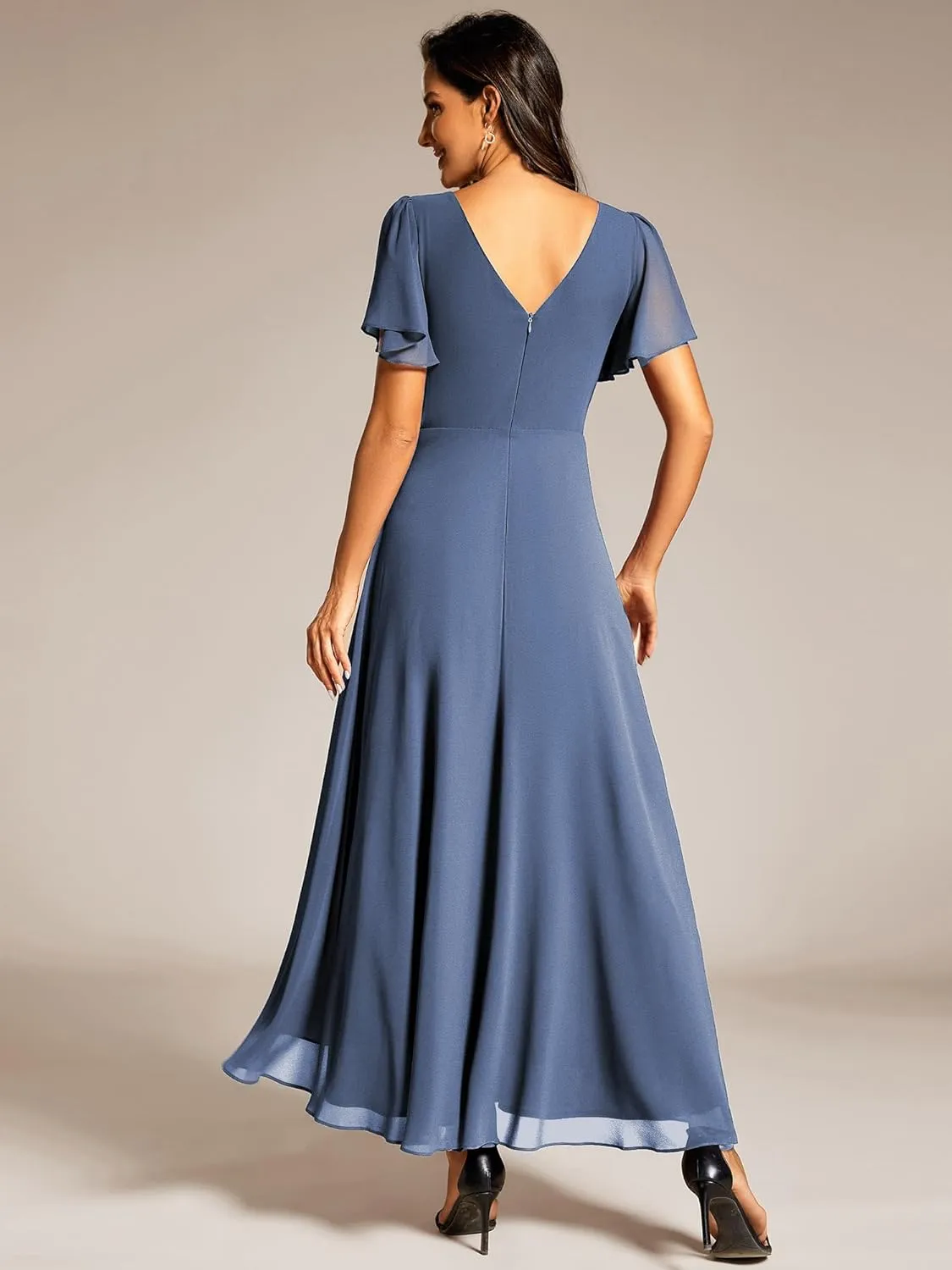 Ever-Pretty Women's Formal Dress V Neck Ruffles Sleeves Empire Waist A Line Pleated Chiffon Evening Dresses 41981