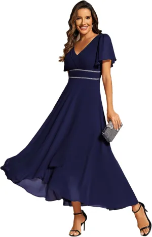 Ever-Pretty Women's Formal Dress V Neck Ruffles Sleeves Empire Waist A Line Pleated Chiffon Evening Dresses 41981