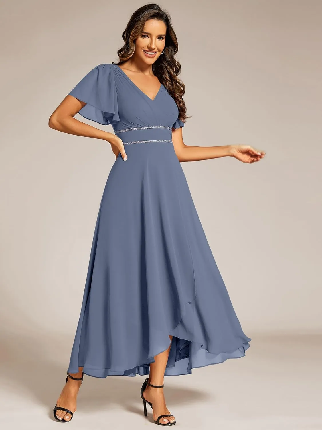 Ever-Pretty Women's Formal Dress V Neck Ruffles Sleeves Empire Waist A Line Pleated Chiffon Evening Dresses 41981