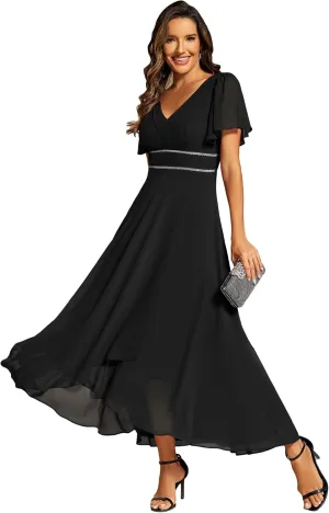 Ever-Pretty Women's Formal Dress V Neck Ruffles Sleeves Empire Waist A Line Pleated Chiffon Evening Dresses 41981