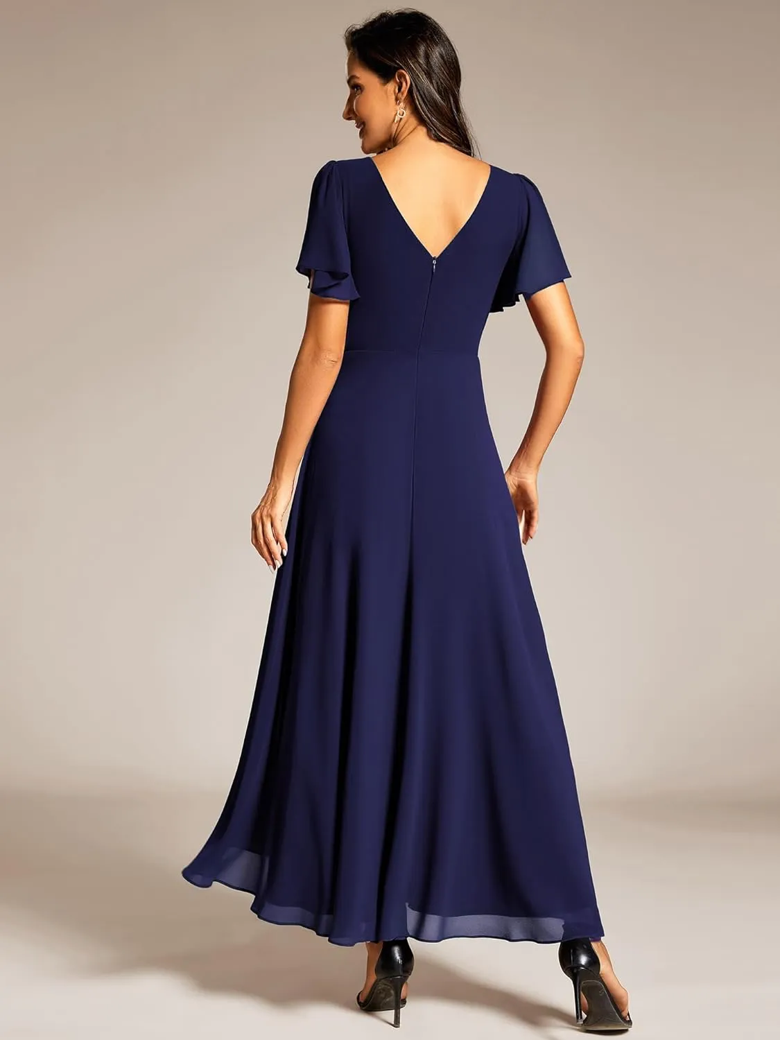 Ever-Pretty Women's Formal Dress V Neck Ruffles Sleeves Empire Waist A Line Pleated Chiffon Evening Dresses 41981