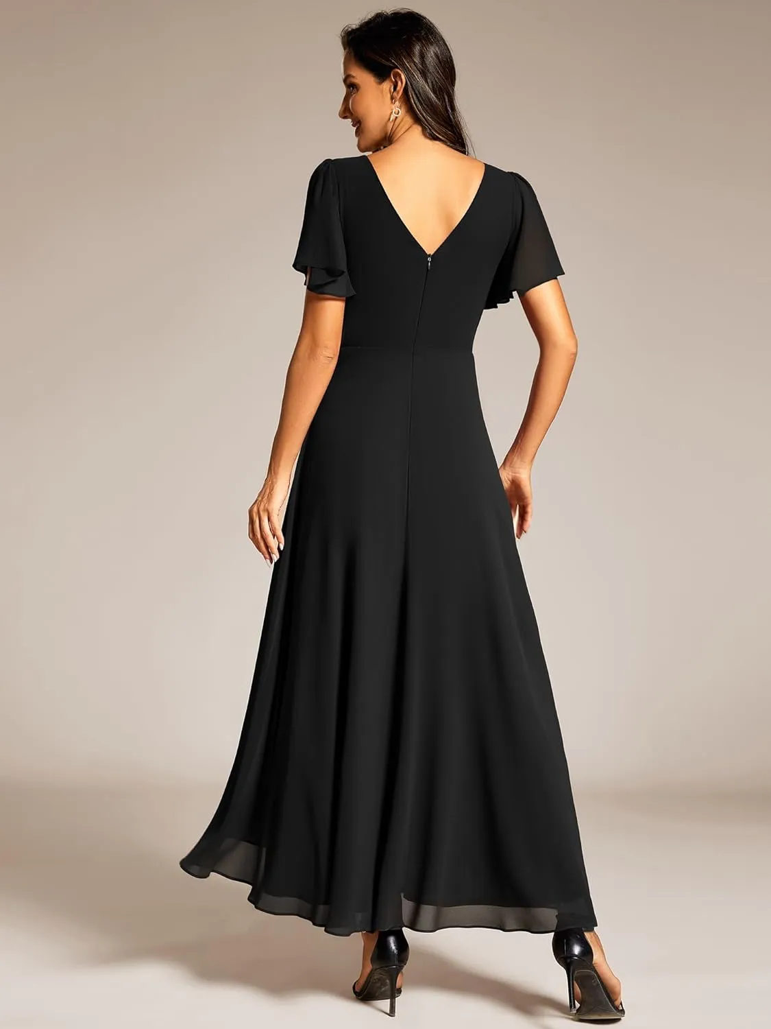 Ever-Pretty Women's Formal Dress V Neck Ruffles Sleeves Empire Waist A Line Pleated Chiffon Evening Dresses 41981