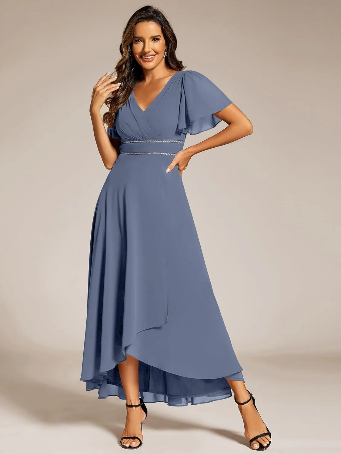 Ever-Pretty Women's Formal Dress V Neck Ruffles Sleeves Empire Waist A Line Pleated Chiffon Evening Dresses 41981