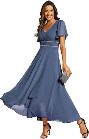Ever-Pretty Women's Formal Dress V Neck Ruffles Sleeves Empire Waist A Line Pleated Chiffon Evening Dresses 41981