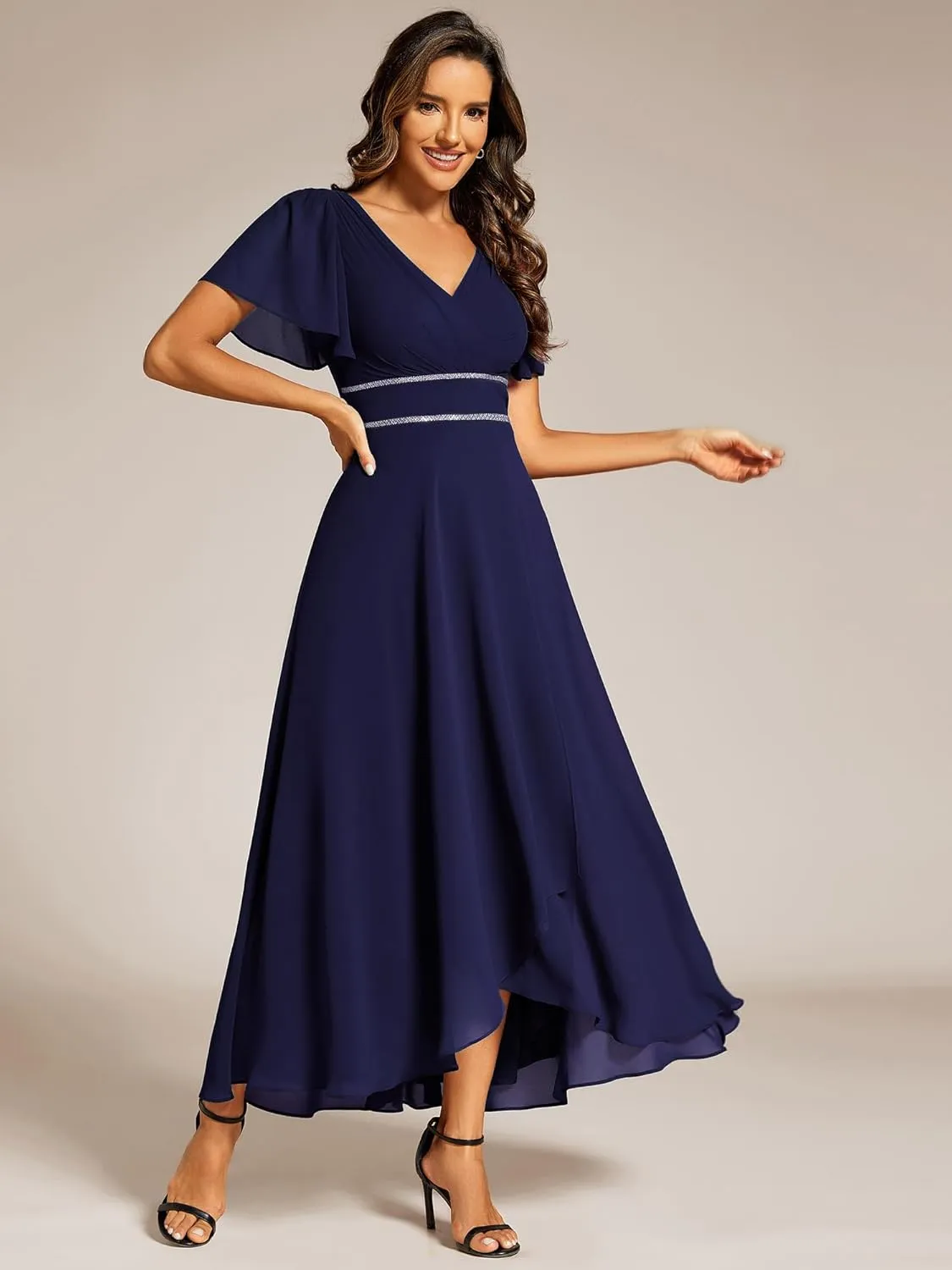 Ever-Pretty Women's Formal Dress V Neck Ruffles Sleeves Empire Waist A Line Pleated Chiffon Evening Dresses 41981