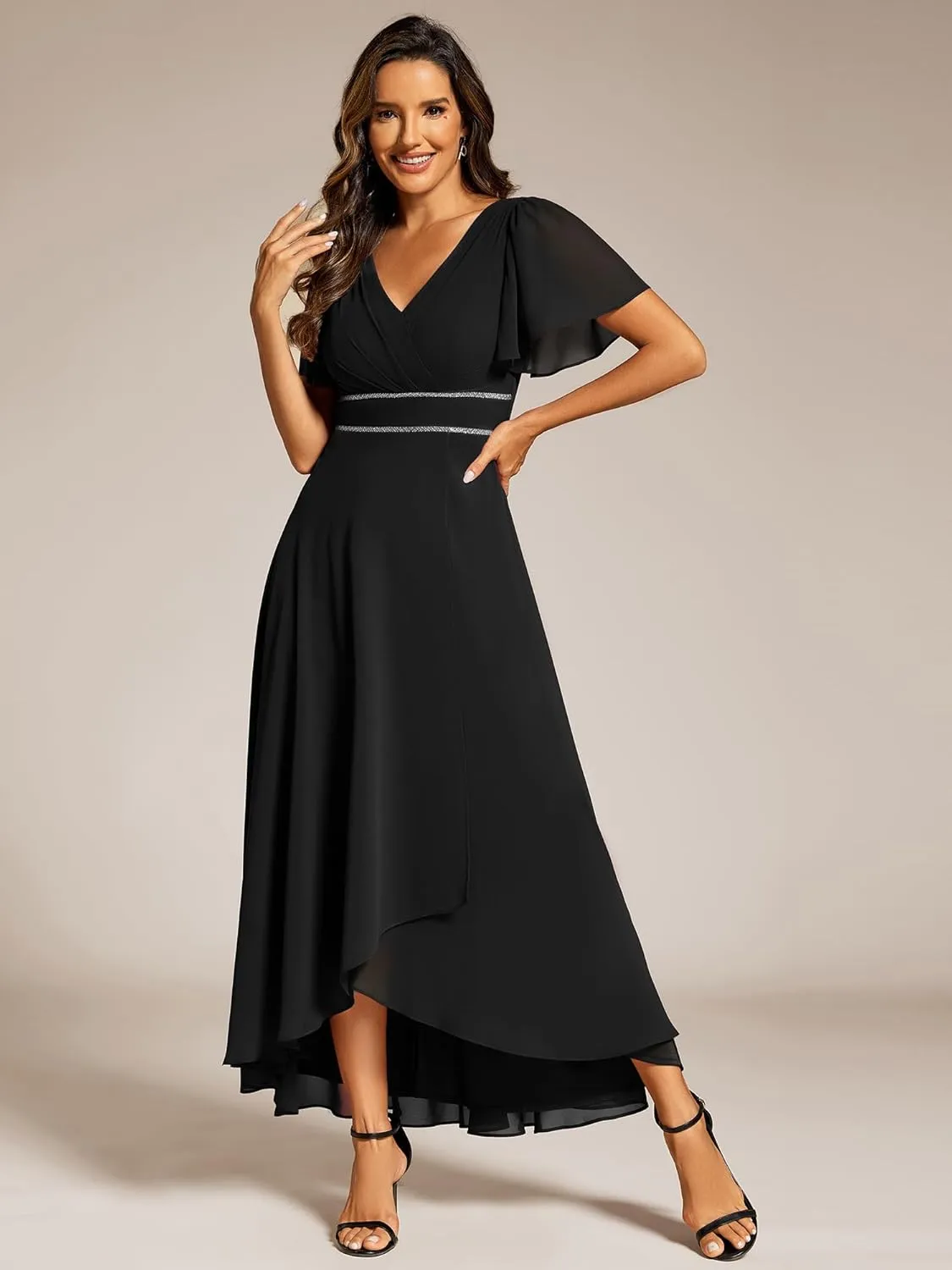 Ever-Pretty Women's Formal Dress V Neck Ruffles Sleeves Empire Waist A Line Pleated Chiffon Evening Dresses 41981