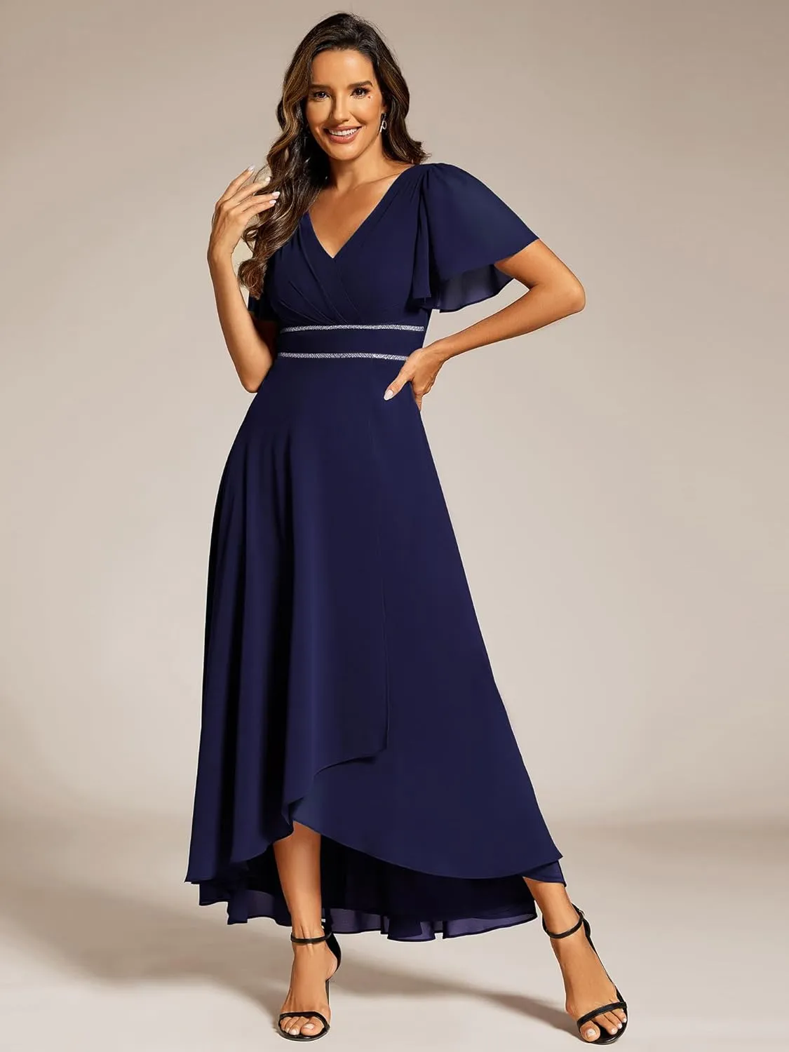 Ever-Pretty Women's Formal Dress V Neck Ruffles Sleeves Empire Waist A Line Pleated Chiffon Evening Dresses 41981