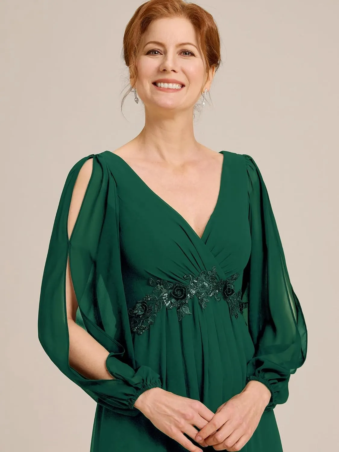 Ever-Pretty Women's V-Neck Chiffon A-Line Waist Appliques Flowing Sleeves Floor Length Mother of The Bride Dresses 00461-PH