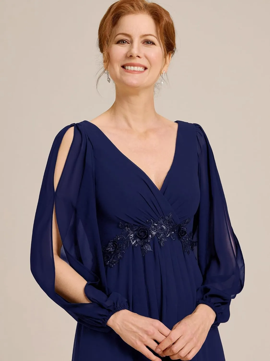 Ever-Pretty Women's V-Neck Chiffon A-Line Waist Appliques Flowing Sleeves Floor Length Mother of The Bride Dresses 00461-PH