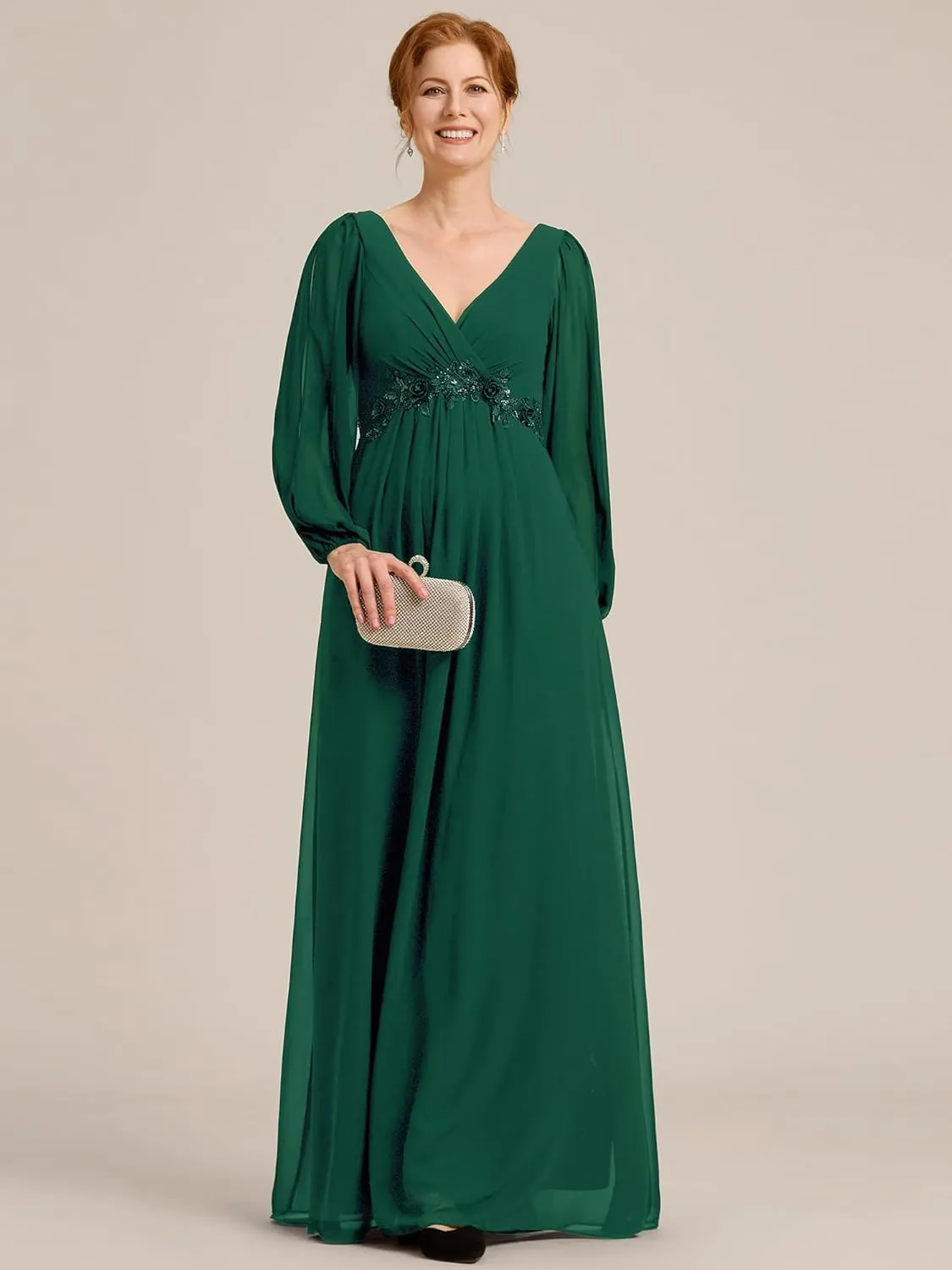 Ever-Pretty Women's V-Neck Chiffon A-Line Waist Appliques Flowing Sleeves Floor Length Mother of The Bride Dresses 00461-PH