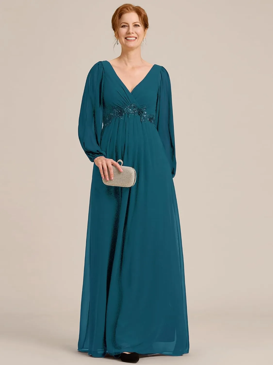 Ever-Pretty Women's V-Neck Chiffon A-Line Waist Appliques Flowing Sleeves Floor Length Mother of The Bride Dresses 00461-PH