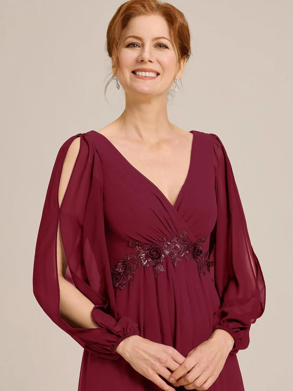 Ever-Pretty Women's V-Neck Chiffon A-Line Waist Appliques Flowing Sleeves Floor Length Mother of The Bride Dresses 00461-PH