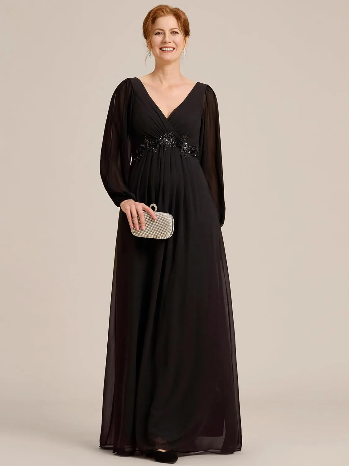 Ever-Pretty Women's V-Neck Chiffon A-Line Waist Appliques Flowing Sleeves Floor Length Mother of The Bride Dresses 00461-PH