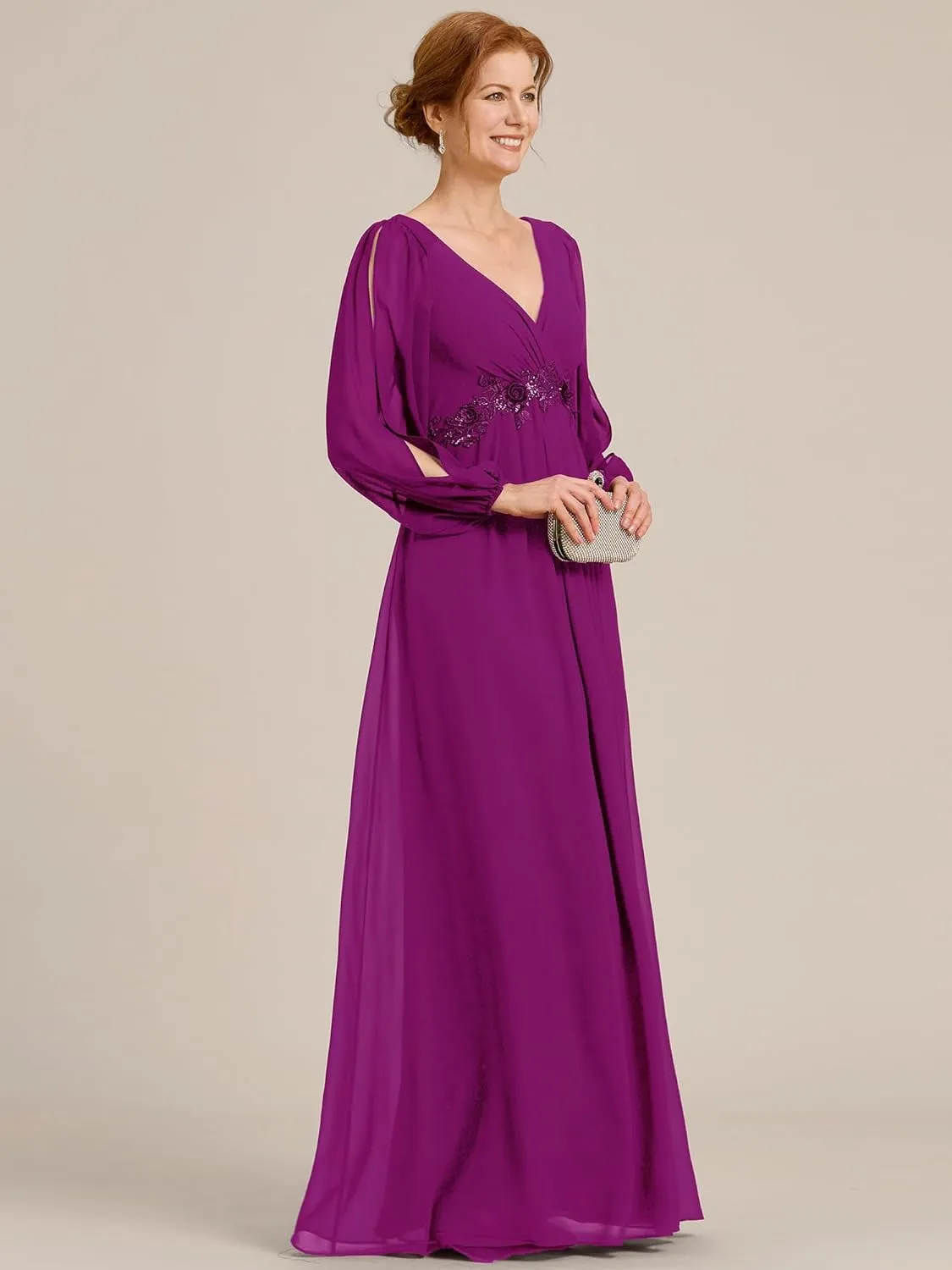 Ever-Pretty Women's V-Neck Chiffon A-Line Waist Appliques Flowing Sleeves Floor Length Mother of The Bride Dresses 00461-PH