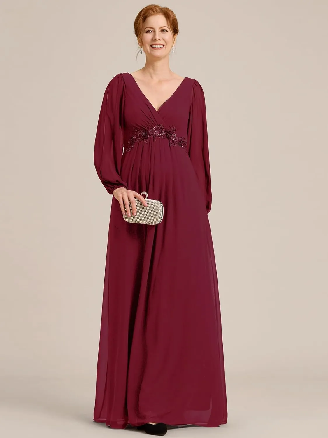 Ever-Pretty Women's V-Neck Chiffon A-Line Waist Appliques Flowing Sleeves Floor Length Mother of The Bride Dresses 00461-PH