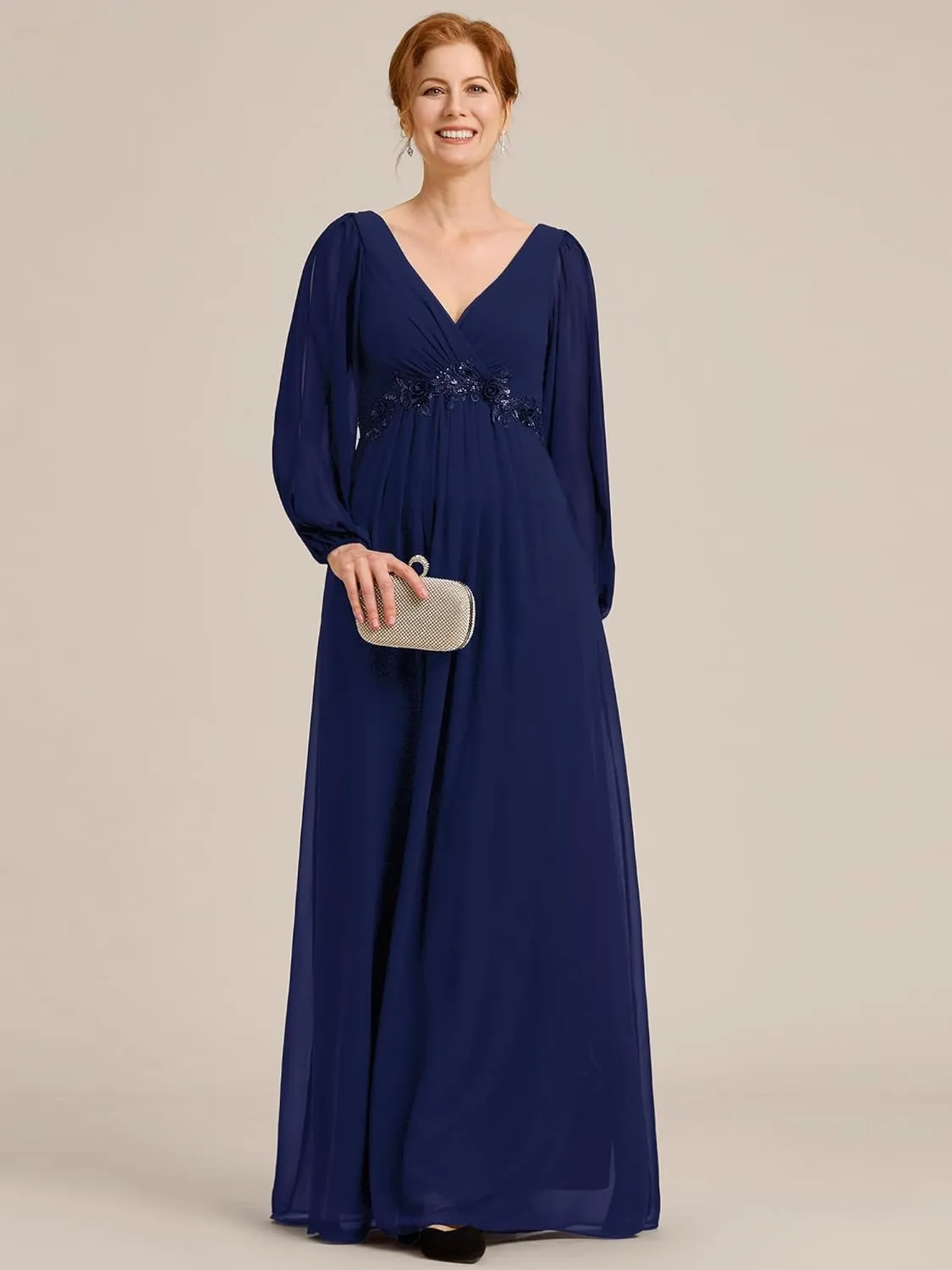 Ever-Pretty Women's V-Neck Chiffon A-Line Waist Appliques Flowing Sleeves Floor Length Mother of The Bride Dresses 00461-PH