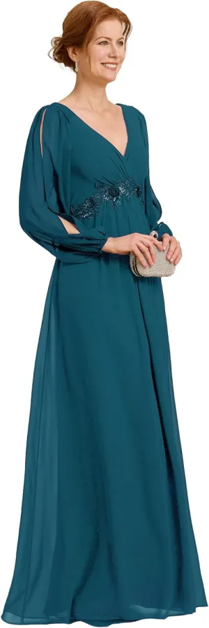 Ever-Pretty Women's V-Neck Chiffon A-Line Waist Appliques Flowing Sleeves Floor Length Mother of The Bride Dresses 00461-PH