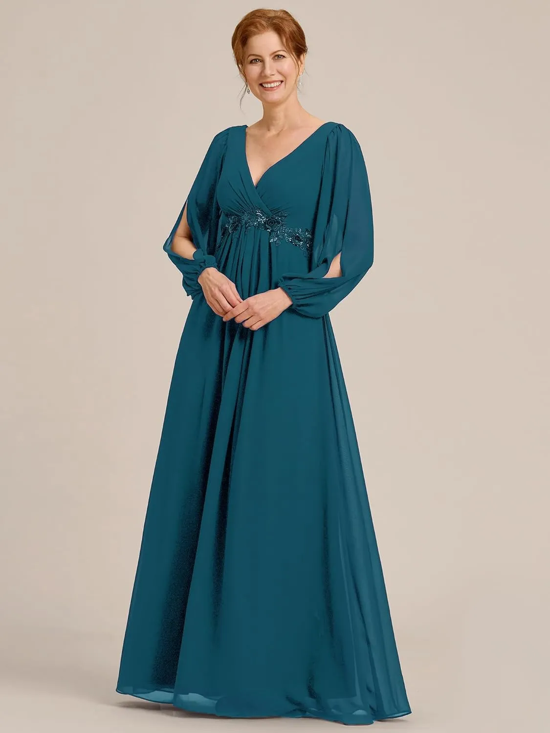 Ever-Pretty Women's V-Neck Chiffon A-Line Waist Appliques Flowing Sleeves Floor Length Mother of The Bride Dresses 00461-PH