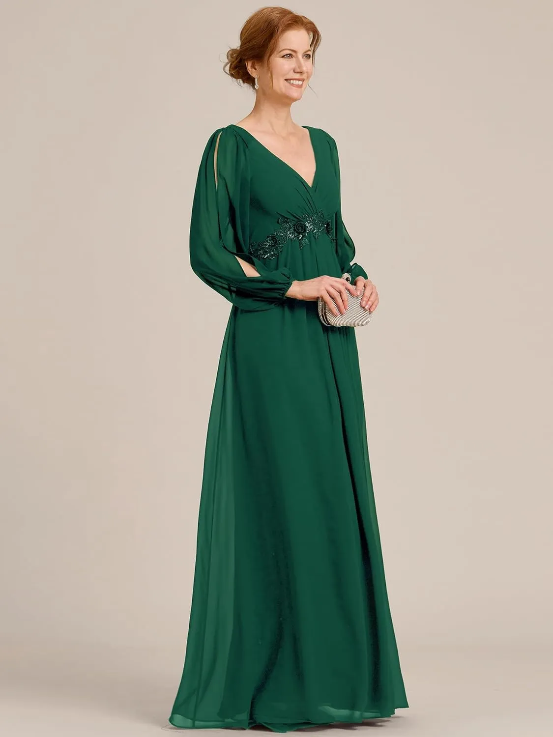 Ever-Pretty Women's V-Neck Chiffon A-Line Waist Appliques Flowing Sleeves Floor Length Mother of The Bride Dresses 00461-PH