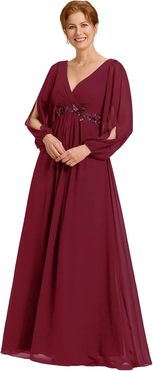 Ever-Pretty Women's V-Neck Chiffon A-Line Waist Appliques Flowing Sleeves Floor Length Mother of The Bride Dresses 00461-PH