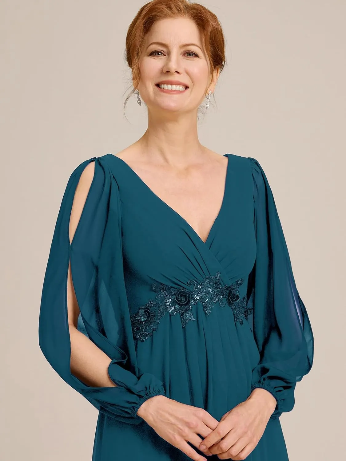 Ever-Pretty Women's V-Neck Chiffon A-Line Waist Appliques Flowing Sleeves Floor Length Mother of The Bride Dresses 00461-PH