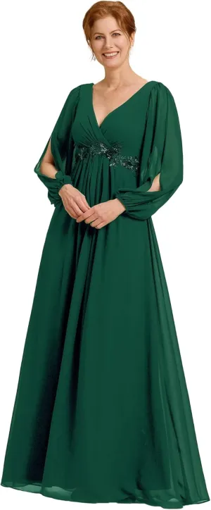 Ever-Pretty Women's V-Neck Chiffon A-Line Waist Appliques Flowing Sleeves Floor Length Mother of The Bride Dresses 00461-PH