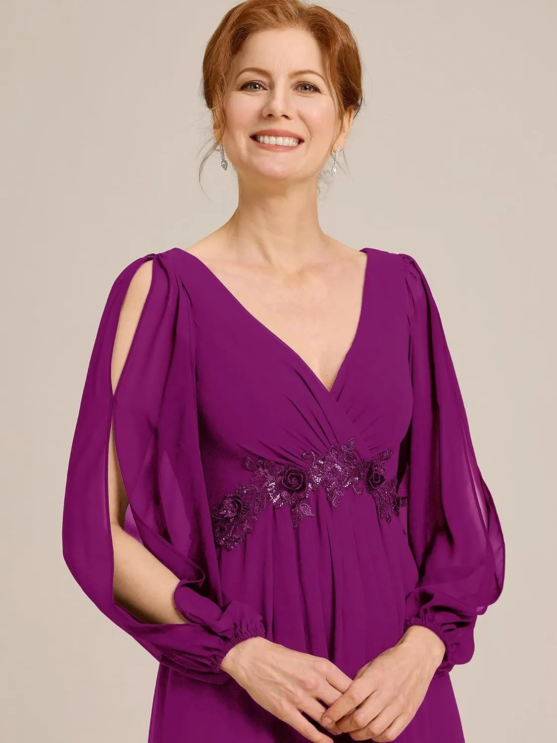 Ever-Pretty Women's V-Neck Chiffon A-Line Waist Appliques Flowing Sleeves Floor Length Mother of The Bride Dresses 00461-PH
