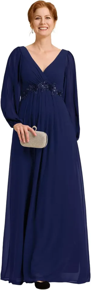 Ever-Pretty Women's V-Neck Chiffon A-Line Waist Appliques Flowing Sleeves Floor Length Mother of The Bride Dresses 00461-PH