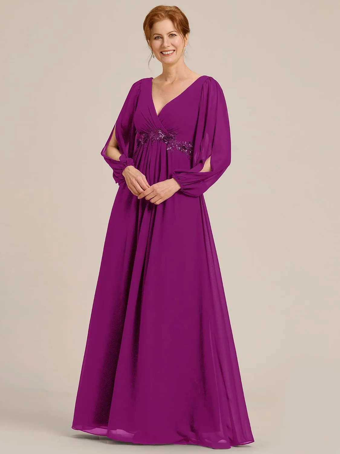 Ever-Pretty Women's V-Neck Chiffon A-Line Waist Appliques Flowing Sleeves Floor Length Mother of The Bride Dresses 00461-PH