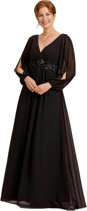 Ever-Pretty Women's V-Neck Chiffon A-Line Waist Appliques Flowing Sleeves Floor Length Mother of The Bride Dresses 00461-PH