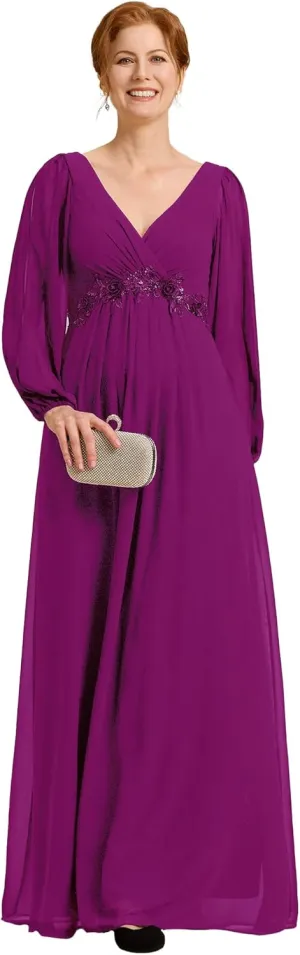 Ever-Pretty Women's V-Neck Chiffon A-Line Waist Appliques Flowing Sleeves Floor Length Mother of The Bride Dresses 00461-PH