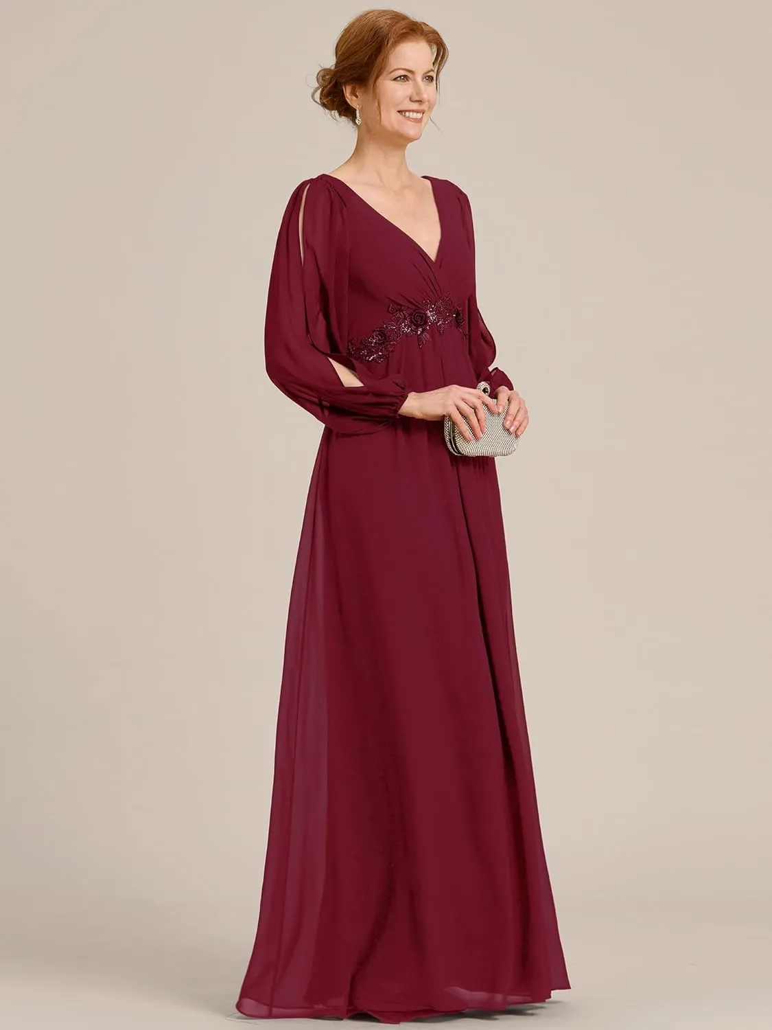 Ever-Pretty Women's V-Neck Chiffon A-Line Waist Appliques Flowing Sleeves Floor Length Mother of The Bride Dresses 00461-PH