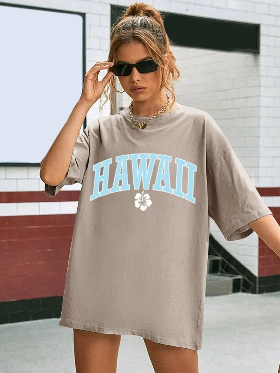 Ezcosplay Women Oversized T Shirts Graphic Tees Casual Drop Shoulder Tops Cute Hawaii Vacation Shirt