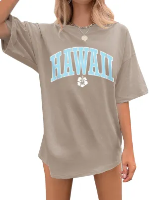 Ezcosplay Women Oversized T Shirts Graphic Tees Casual Drop Shoulder Tops Cute Hawaii Vacation Shirt