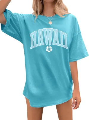 Ezcosplay Women Oversized T Shirts Graphic Tees Casual Drop Shoulder Tops Cute Hawaii Vacation Shirt