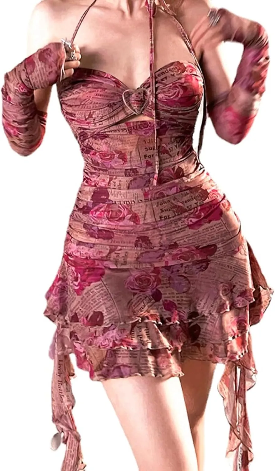 Fairy Grunge Clothes Fairycore Clothing Y2k Dress Ruffle Mini Dress with Off Gloves Party Clubwear