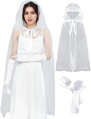 Fairy Pearl Cloak with Hood Long Satin Gloves Set White Tulle Hooded Cape Veil Princess Opera Witch Halloween Costume for Women