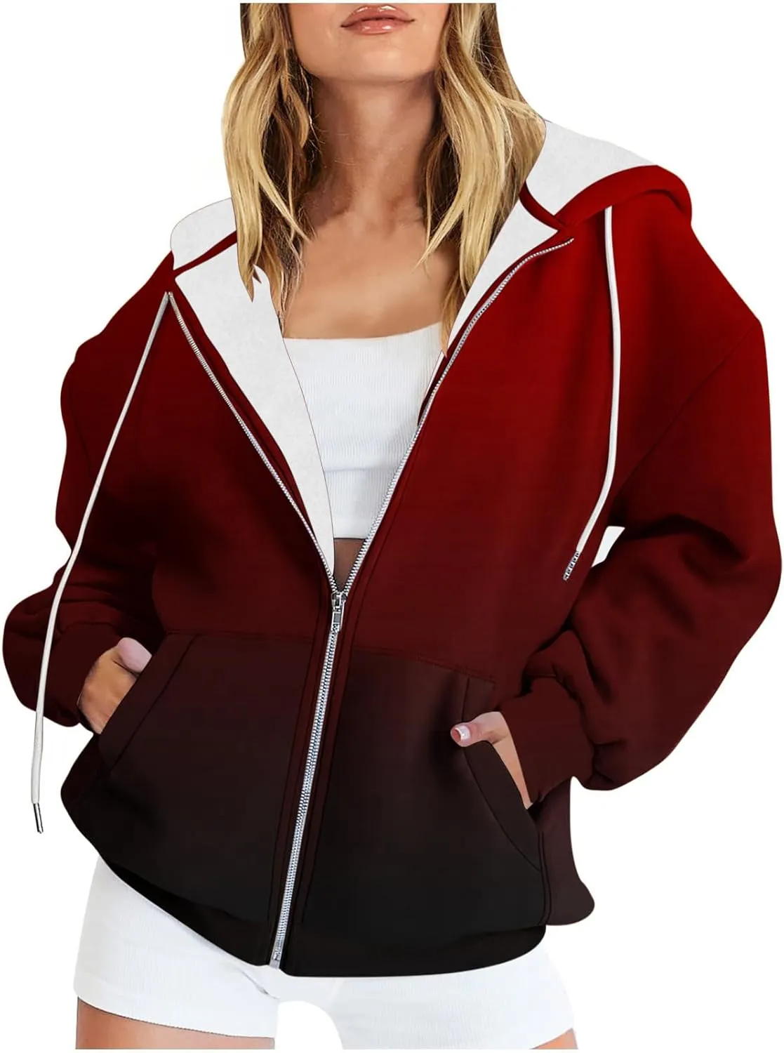 Fall Jackets for Women 2024 Casual Gradient Drawstring Hoodies Full Zip Heated Jackets with Pockets Outdoor